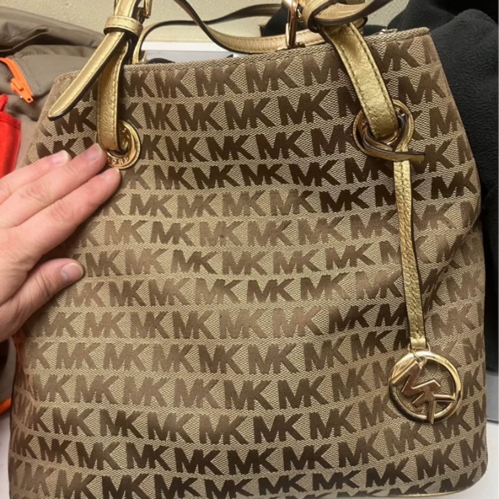 Michael Kors Tan and Gold Logo Shoulder Bag